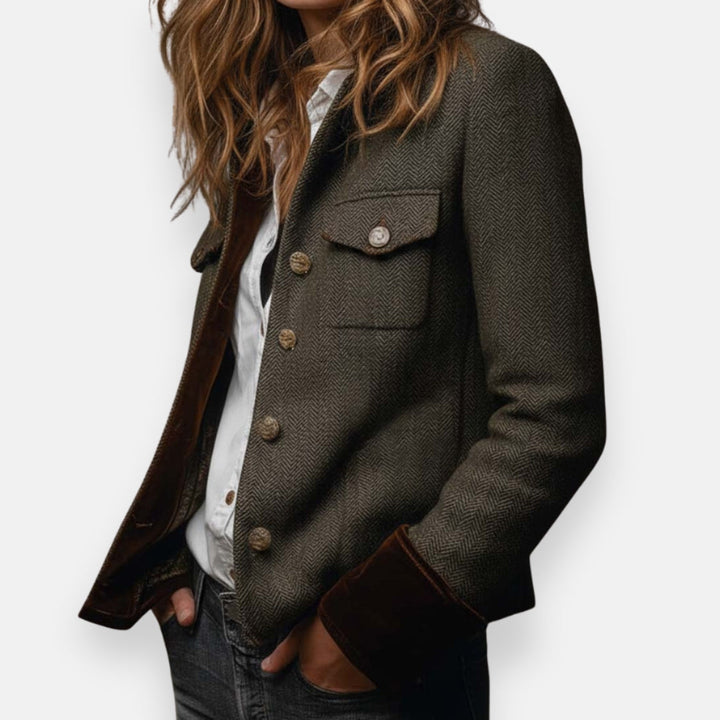 Women's Tweed Jacket, Herringbone Button Front Vintage Blazer Coat