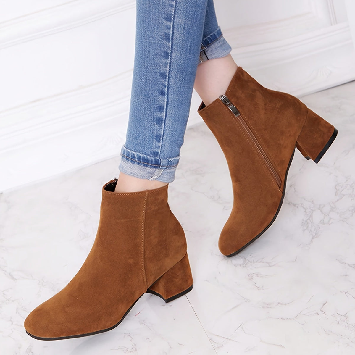 Women's Faux Suede Side-Zip Chelsea Ankle Boots with Low Block Heel in Brown