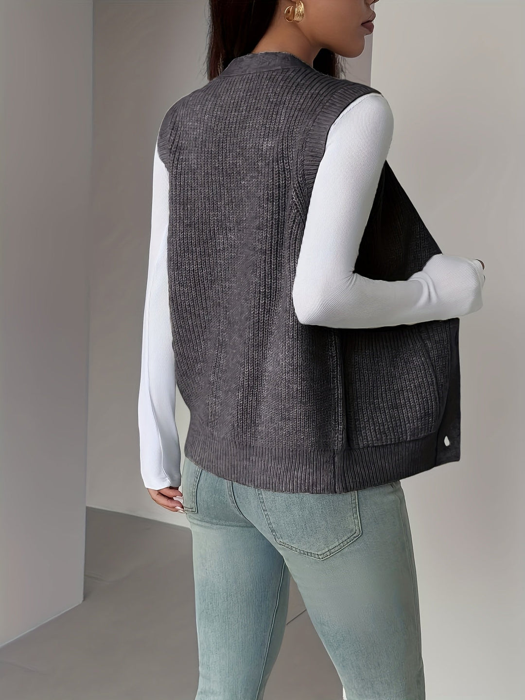 Women's Knit Vest, Button Front V Neck Sleeveless Sweater