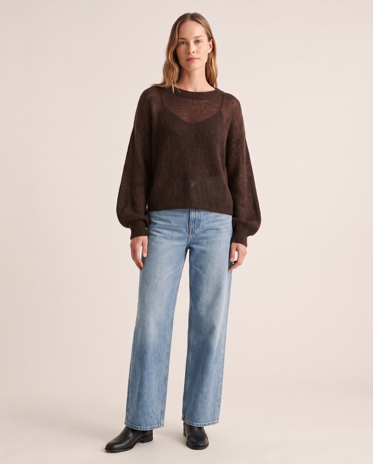 Women's Cashmere Silk Sweater — cocoa brown, studio front