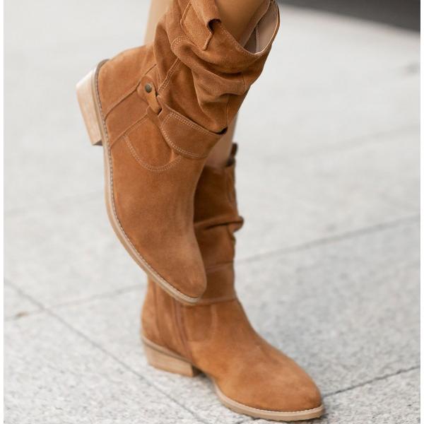 Women's Suede Fold-Over Cuff Slouch Ankle Boots with Low Block Heel, view 2