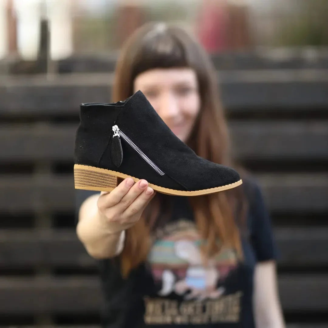 Women's Suede-Style Low Block Heel Ankle Boots with Tassel Zip Pull, view 2