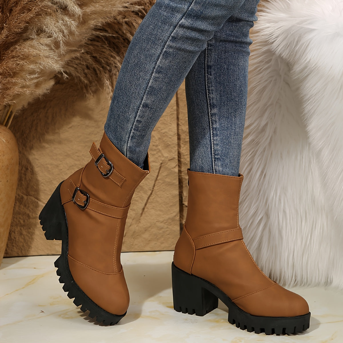 Women's Moto Double Buckle Strap Ankle Boots with Lug Sole, view 4