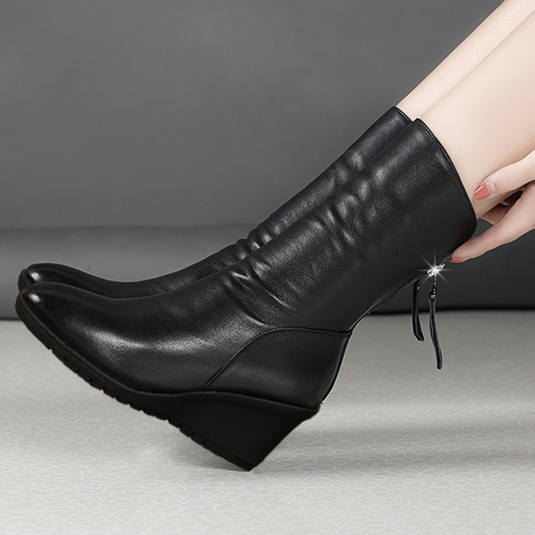 Women's Wedge Boots, Mid Calf Hidden Heel Pull On Booties