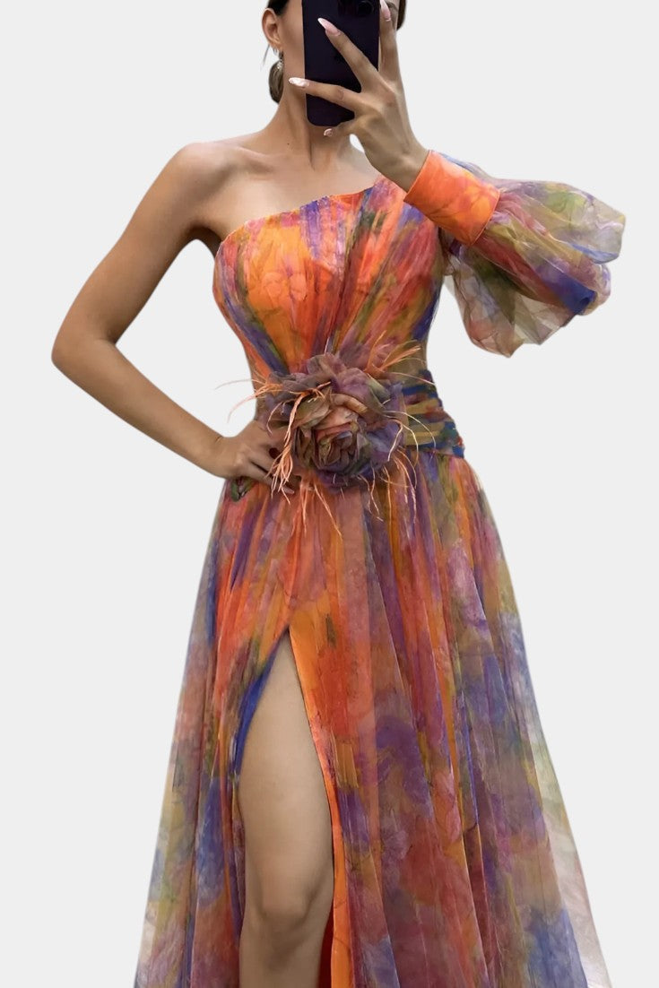 Women's One-Shoulder Maxi Gown with Draped Slit and Floral Applique, view 3
