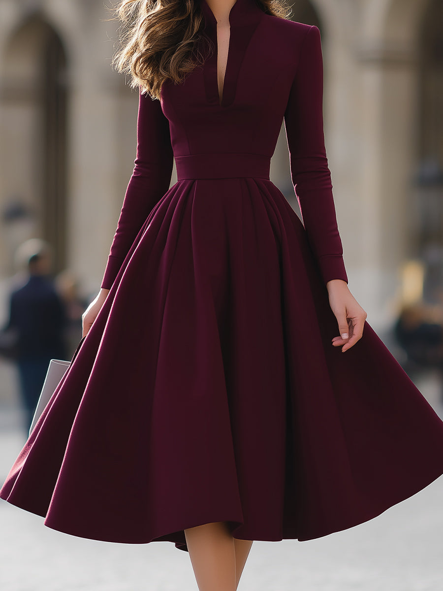 Women's Burgundy V-Neck Midi Dress with Pleated Full Skirt, view 4