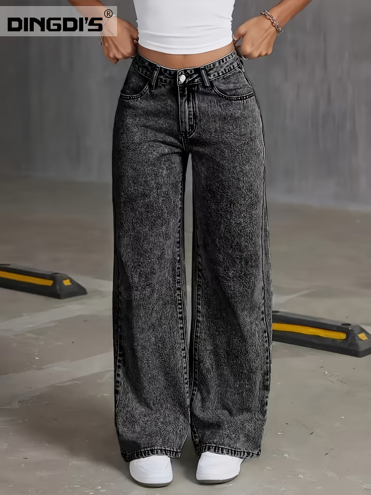 Women's Black High-Waisted Stretch Wide-Leg Jeans, view 2
