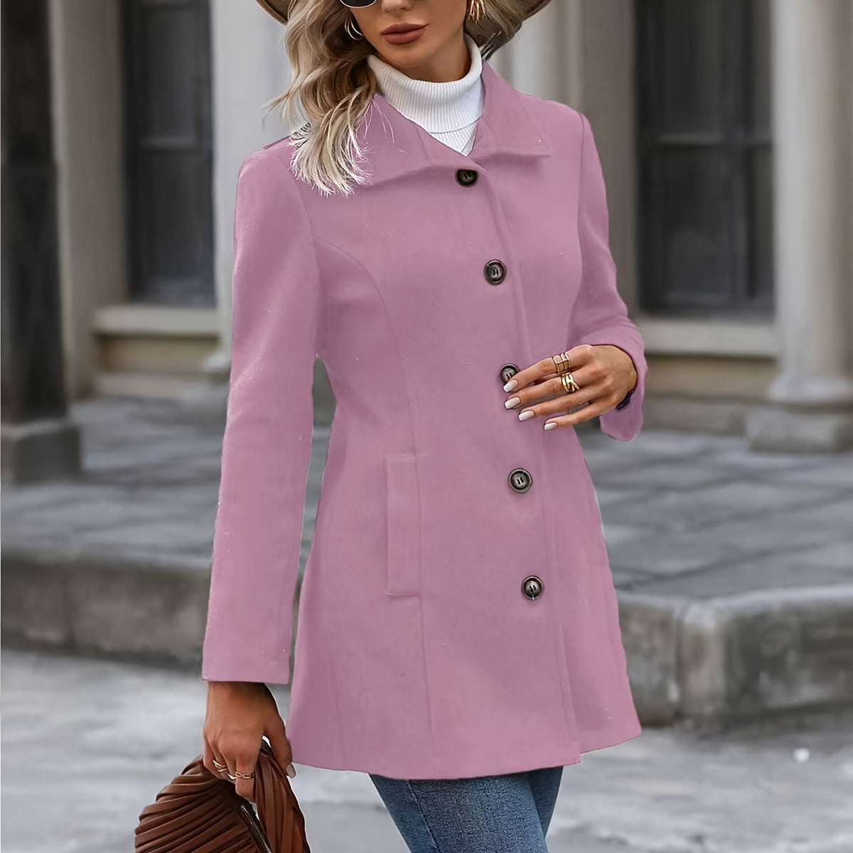 Women's Mid-Length Winter Coat with Waist Tie in Pink