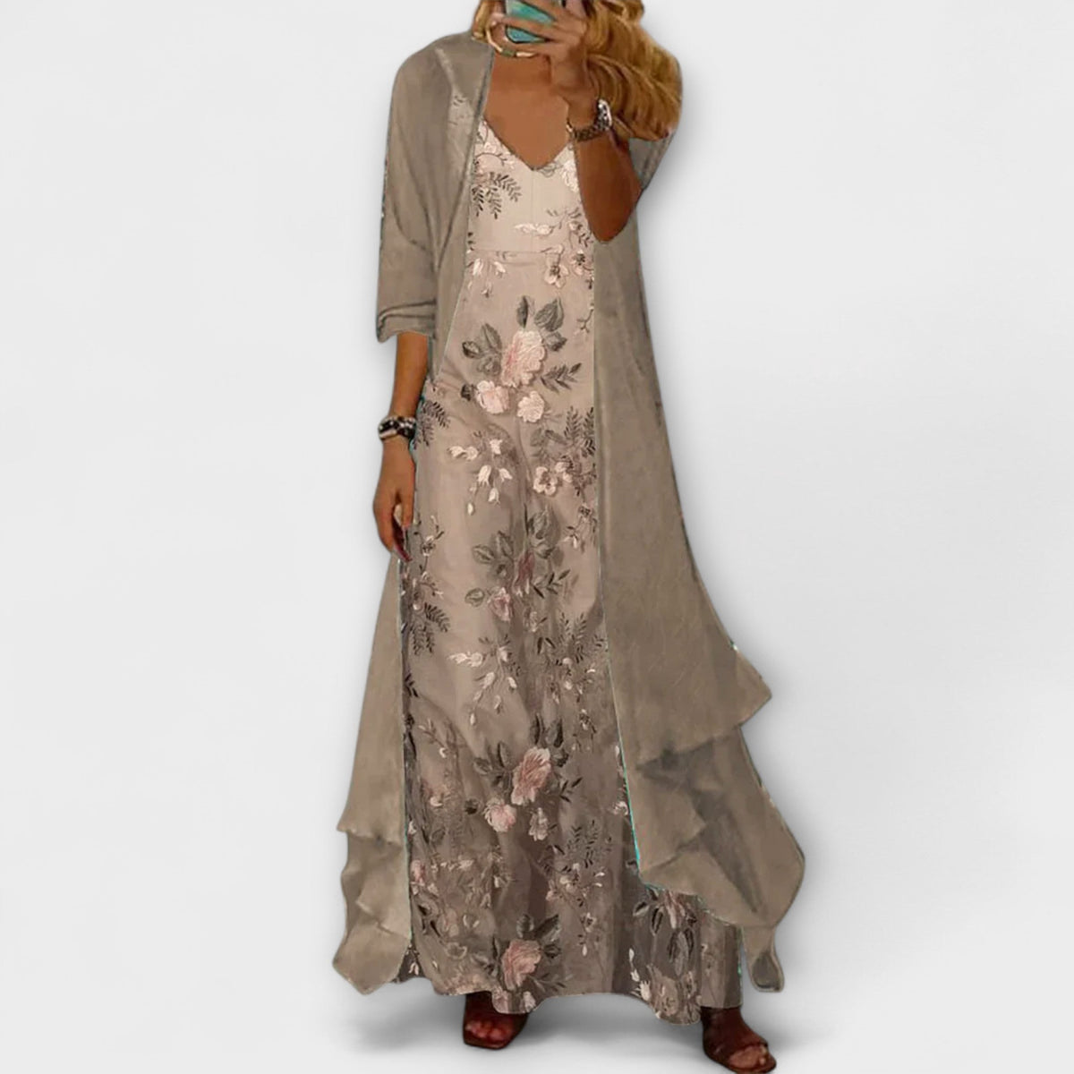 Women's Printed Maxi Dress and Matching Jacket Set in Beige