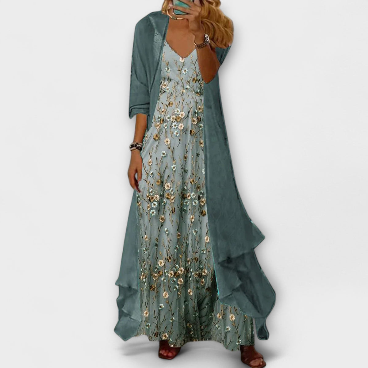 Women's Printed Maxi Dress and Matching Jacket Set in Blue