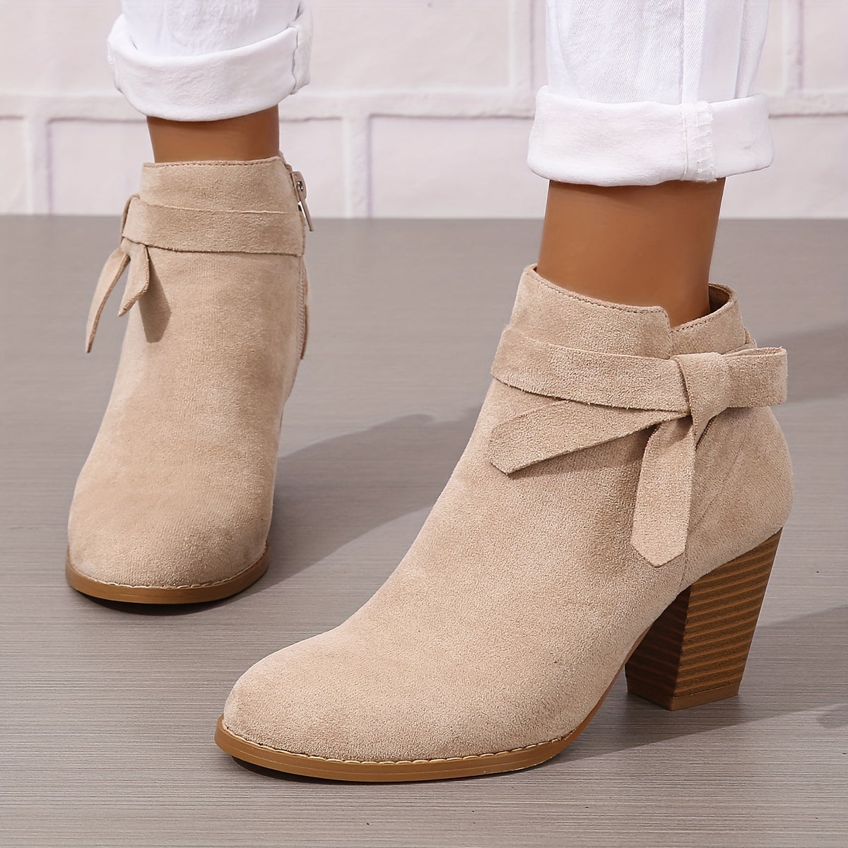 Women's Pointed Toe Ankle Boots with Rear Bow and Block Heel in Beige