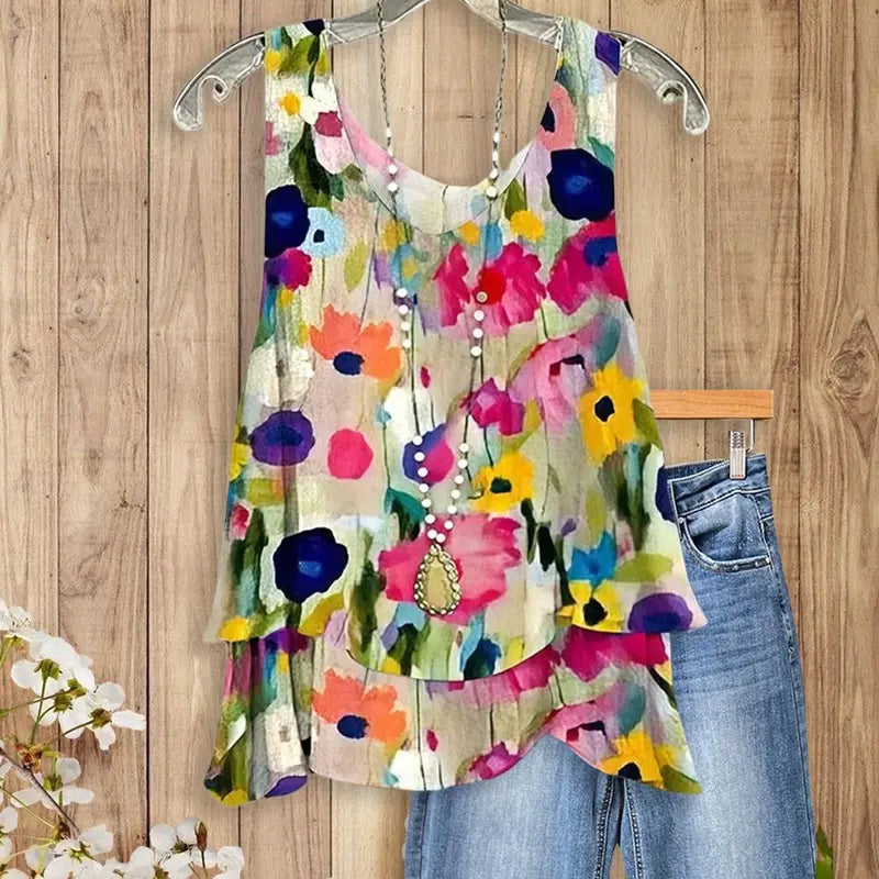 Women's Multicolor Watercolor Floral Sleeveless Layered Top