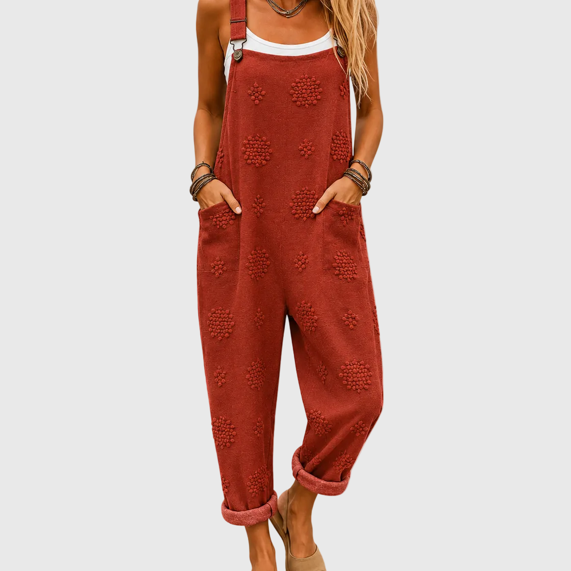 Women's Brick Red Textured Overalls with Front Pockets