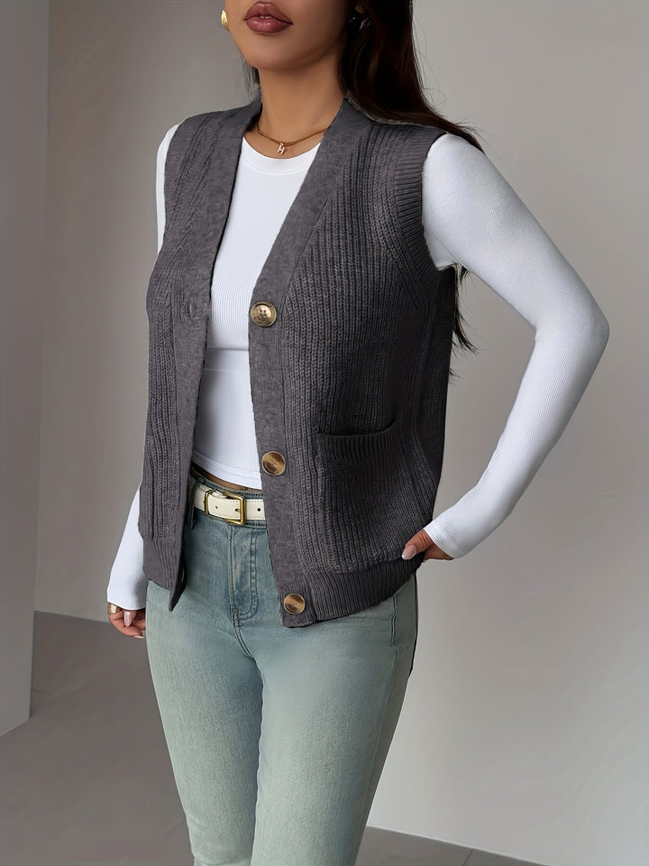 Women's Knit Vest, Button Front V Neck Sleeveless Sweater