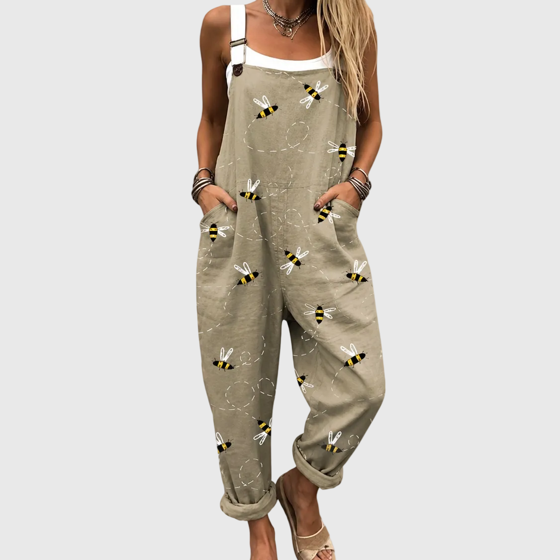 Women's Neutral Relaxed Overalls with Small Bee Pattern
