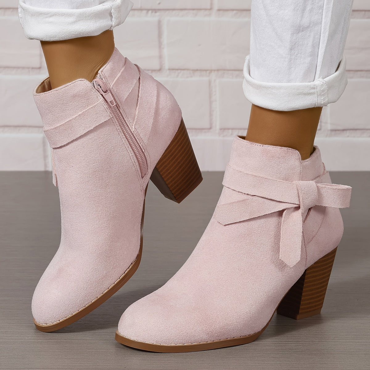 Women's Pointed Toe Ankle Boots with Rear Bow and Block Heel in Pink