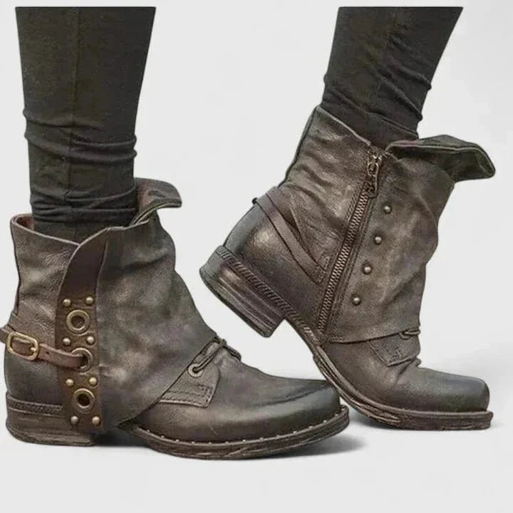 Women's Distressed Vintage Buckle Strap Ankle Boots with Rivets in Brown