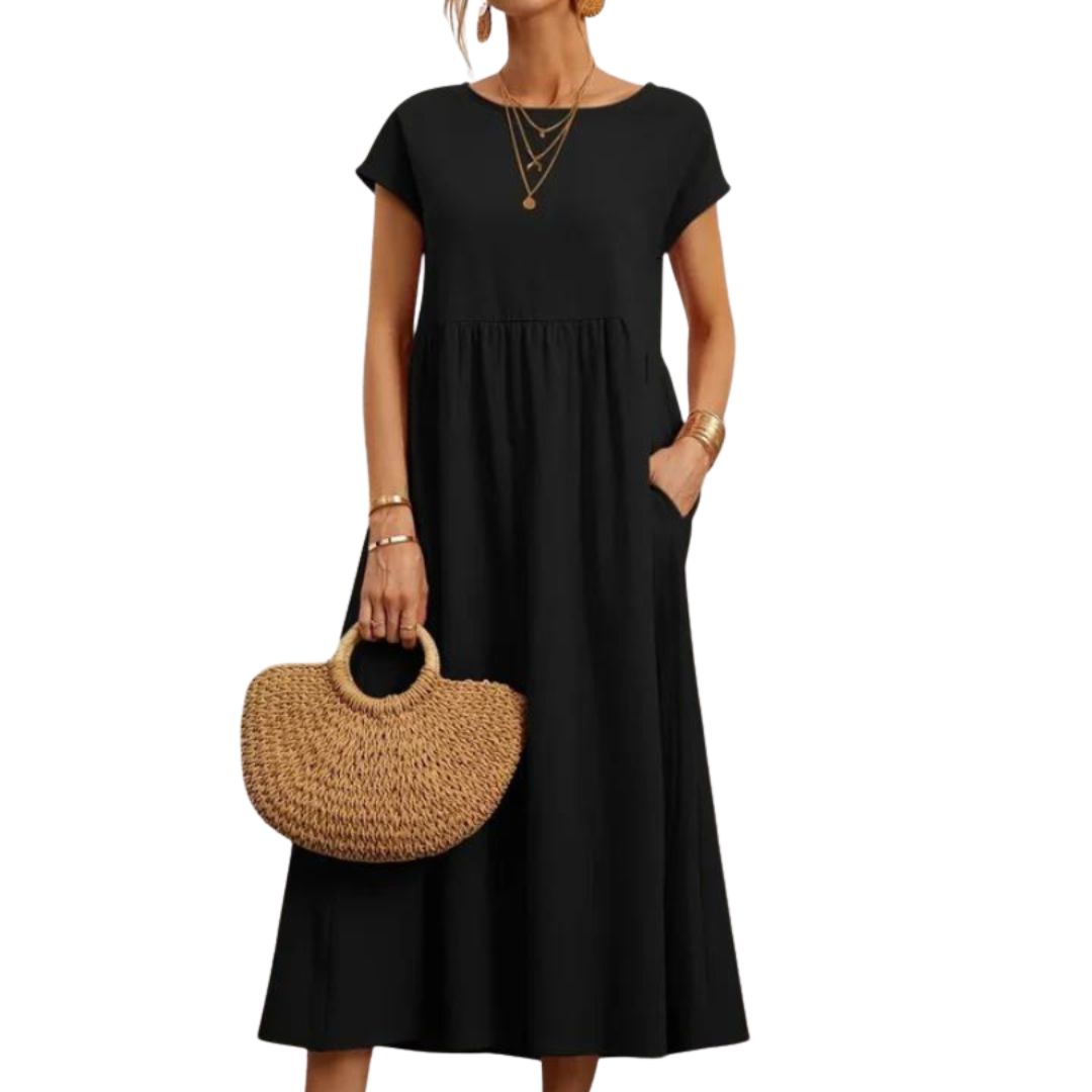 Women's Cotton Relaxed-Fit Pull-On Midi Dress in Black