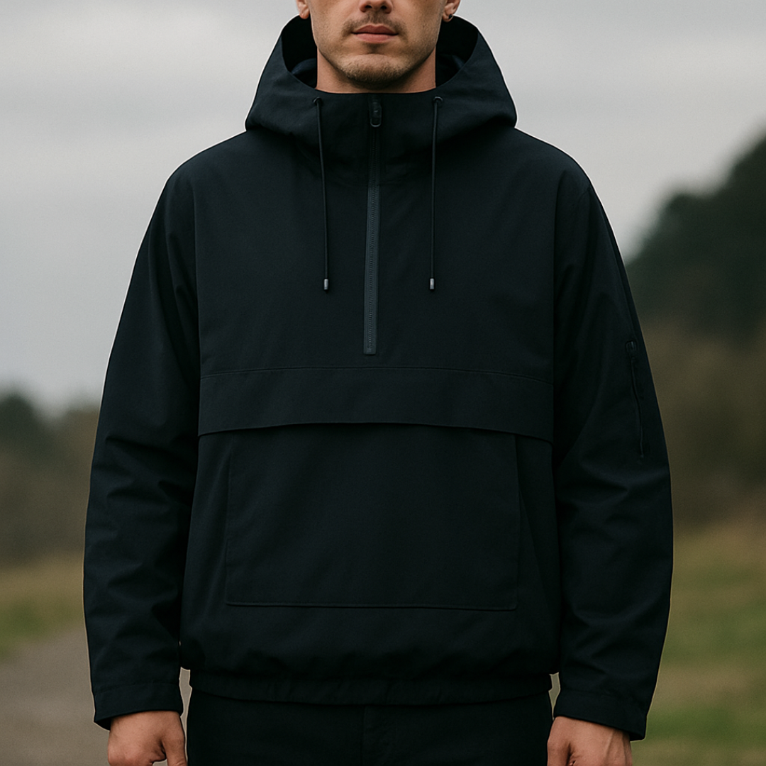 Water-Repellent Windproof Half-Zip Hooded Anorak Jacket in Black