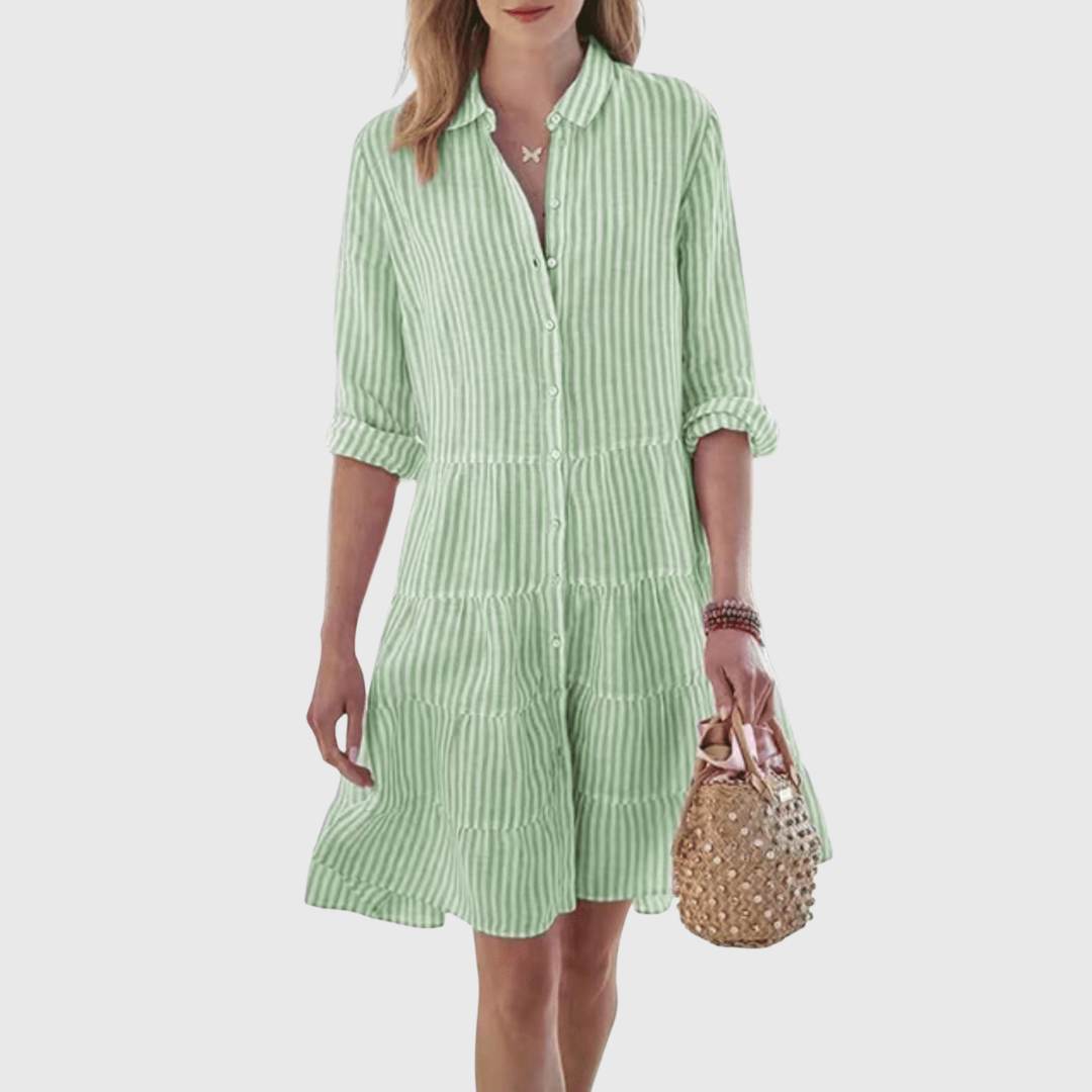 Striped Button-Front Shirt Dress with Tiered Skirt, view 2