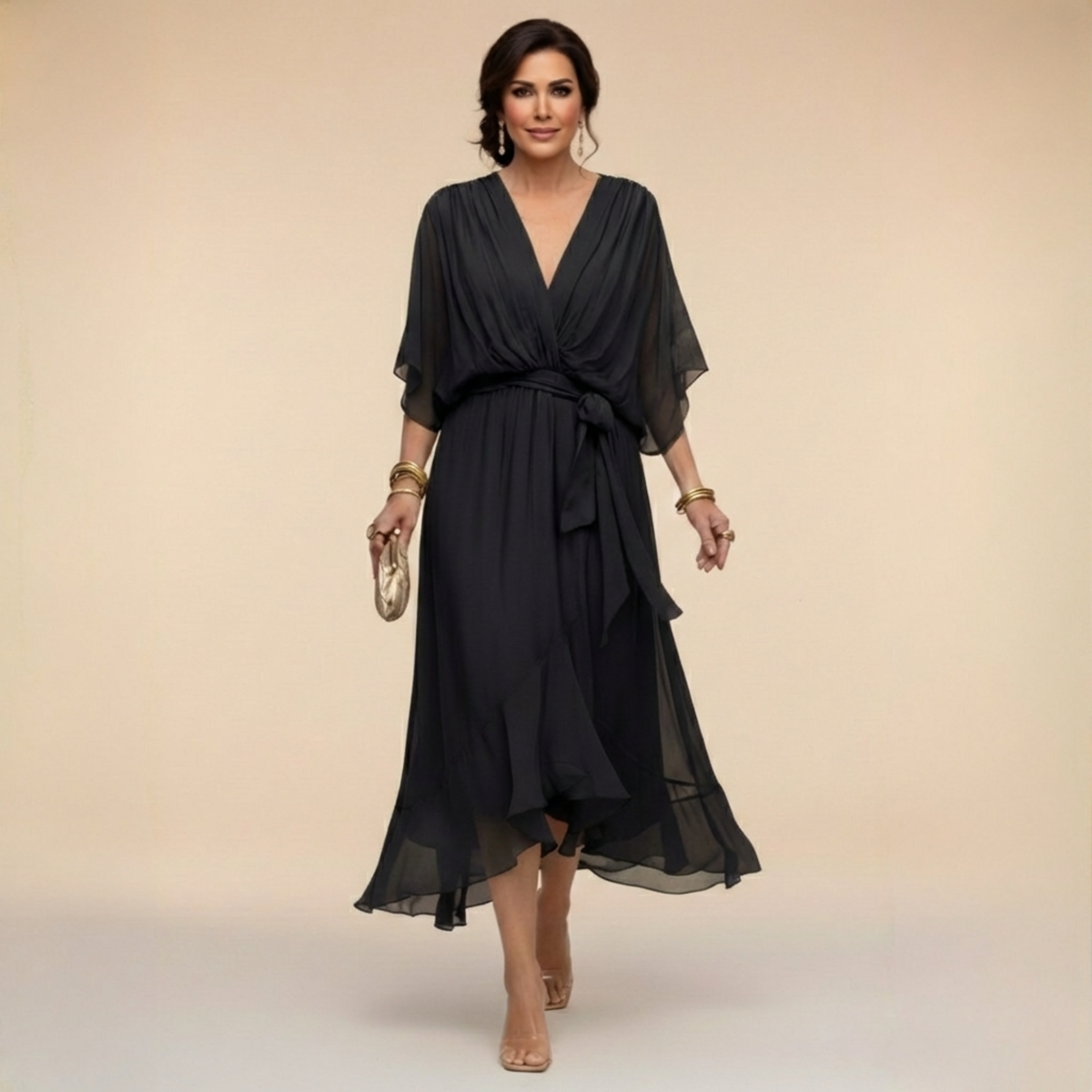 Women's Lightweight Chiffon V-Neck Midi Dress in Black