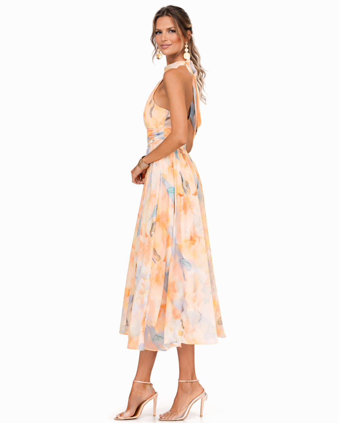 Women's Watercolor Print Halter Neck Maxi Dress, view 4