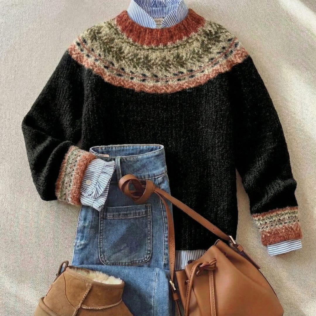 Women's Fair Isle Sweater, Nordic Knit Crew Neck Winter Pullover