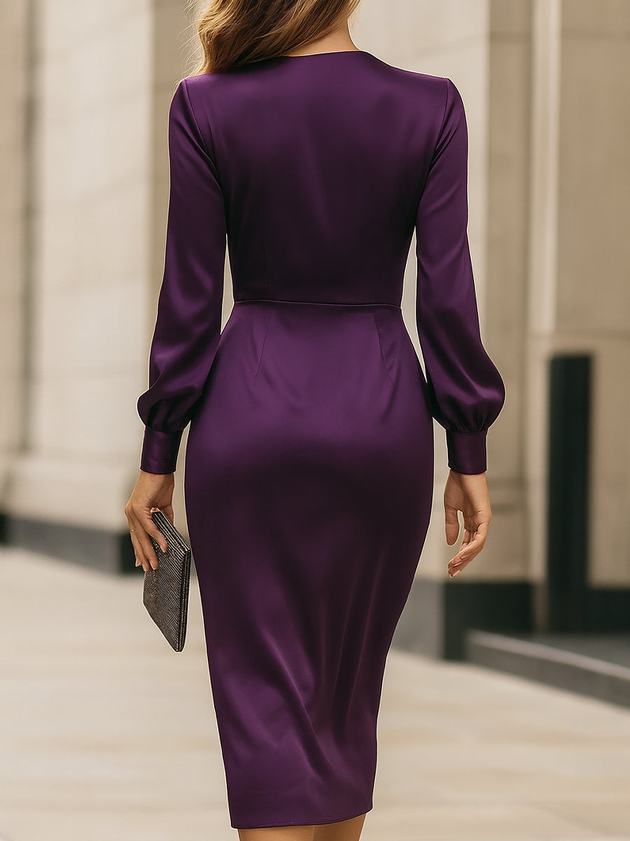 Women's Plum Satin Wrap Midi Dress with Ruched Sleeves, view 4