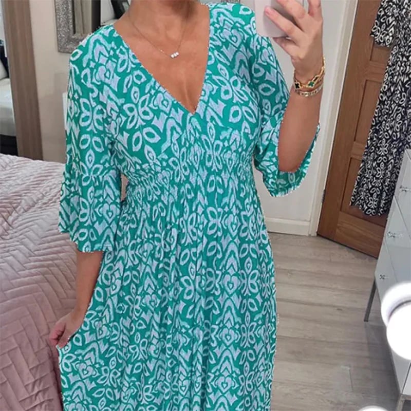 Women's Floral V-Neck Relaxed Maxi Dress in Lake Blue
