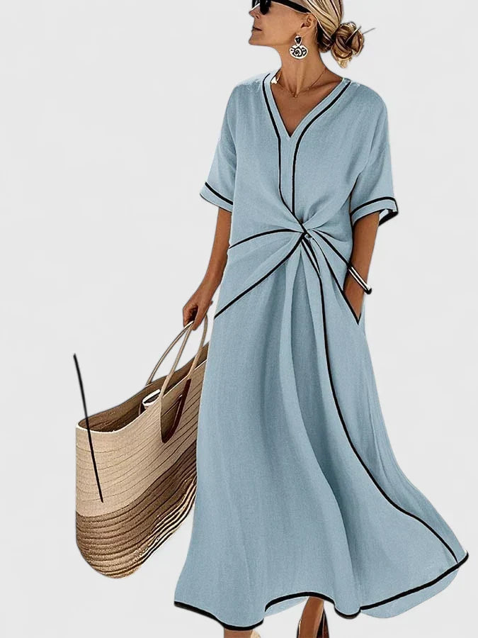 Women's Vertical Striped Lightweight Midi Dress in Blue