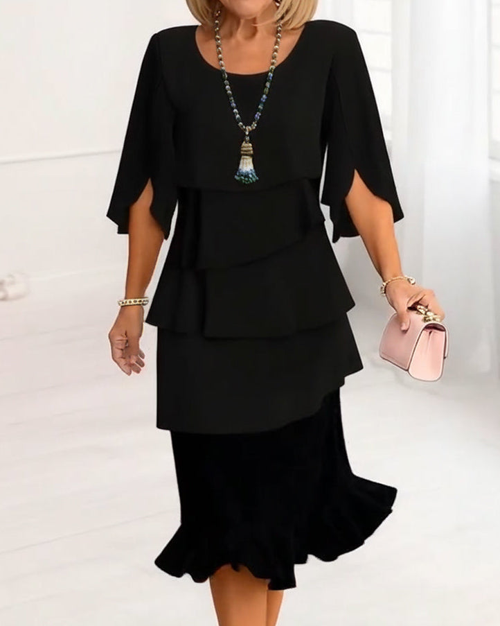 Women's Ruffle Sleeve Cotton Blend A-Line Midi Dress in Black