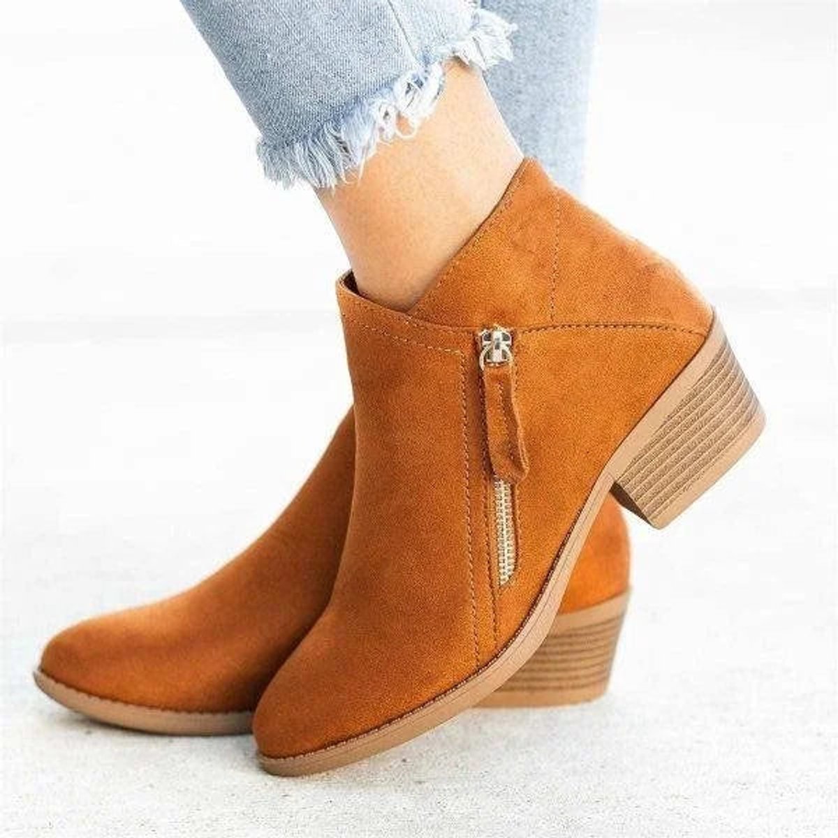 Women's Suede Low Heel Side-Zip Ankle Boots with Round Toe in Orange