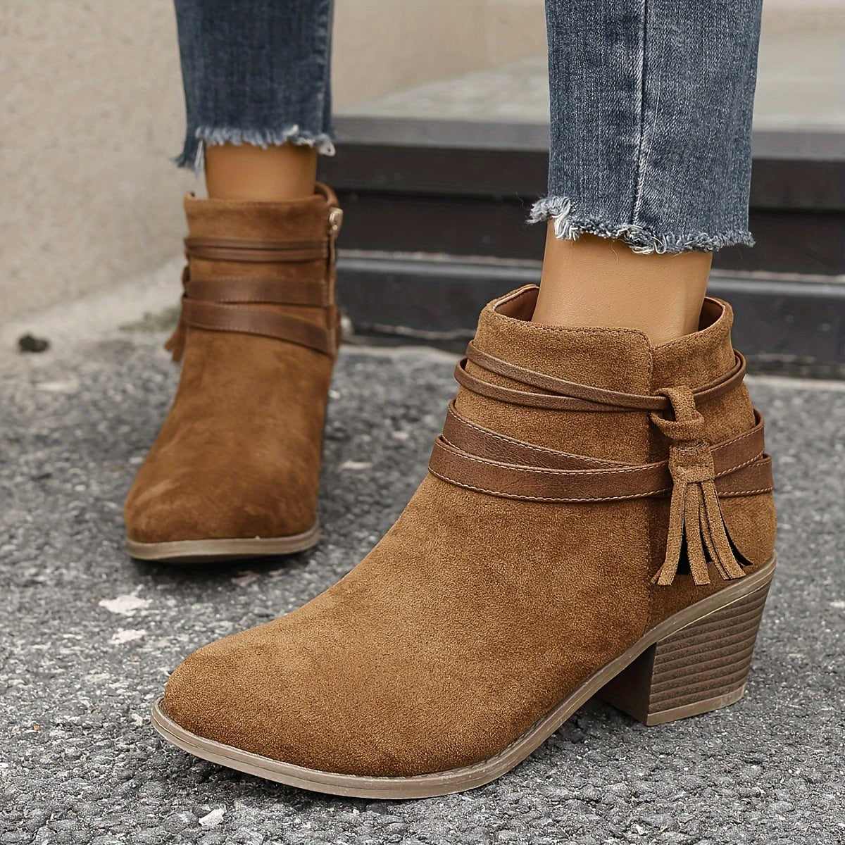 Women's Pointed Toe Tassel Wrap Ankle Boots with Block Heel, view 8
