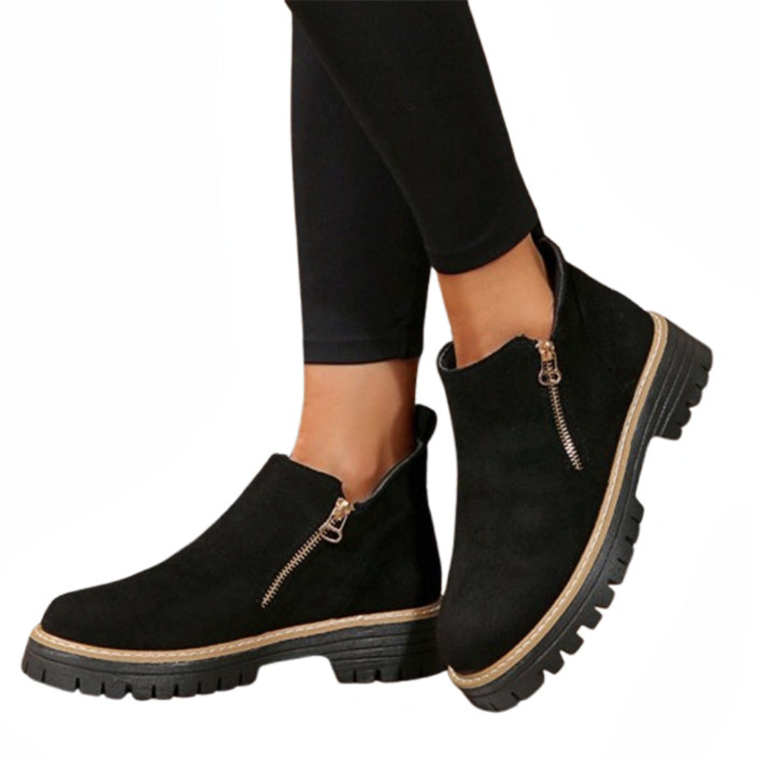 Women's Suede-Style Chunky Lug Platform Ankle Boots with Side Zip