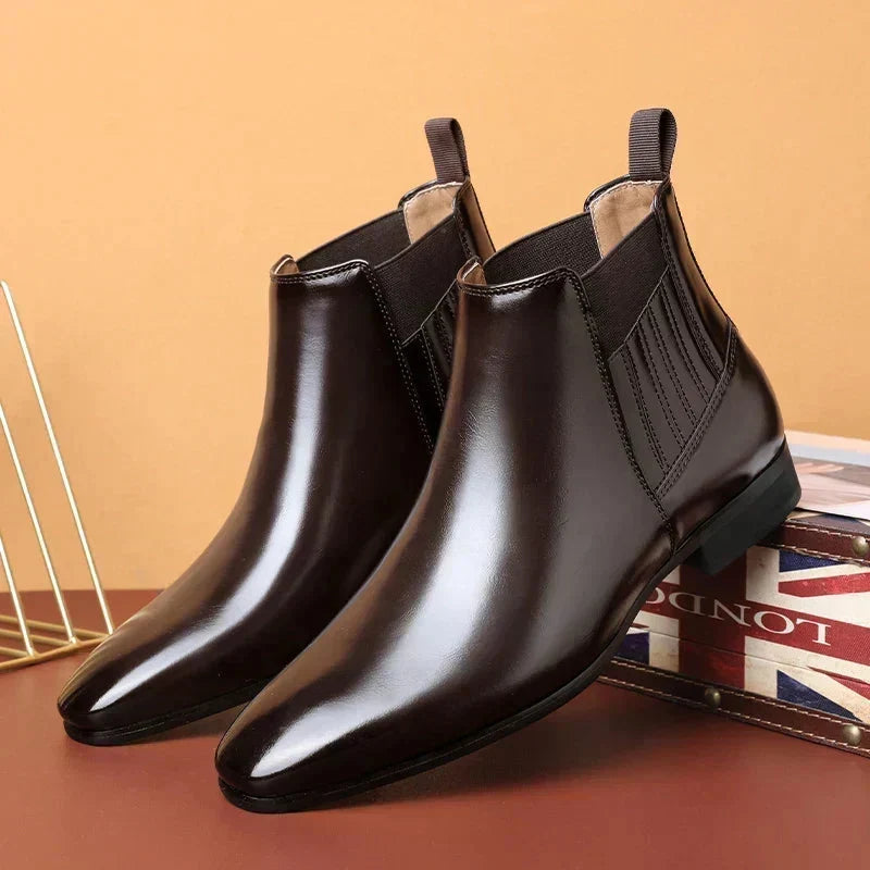 Women's Pointed Toe Slip-On Chelsea Ankle Boots with Pull Tab in Dark Brown