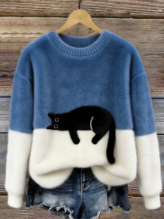 Women's Cotton-Blend Cat Graphic Pullover Sweater in Blue