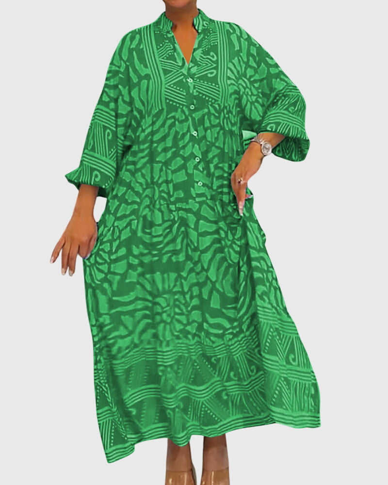 Women's Printed V-Neck Maxi Dress with Half Sleeves in Green