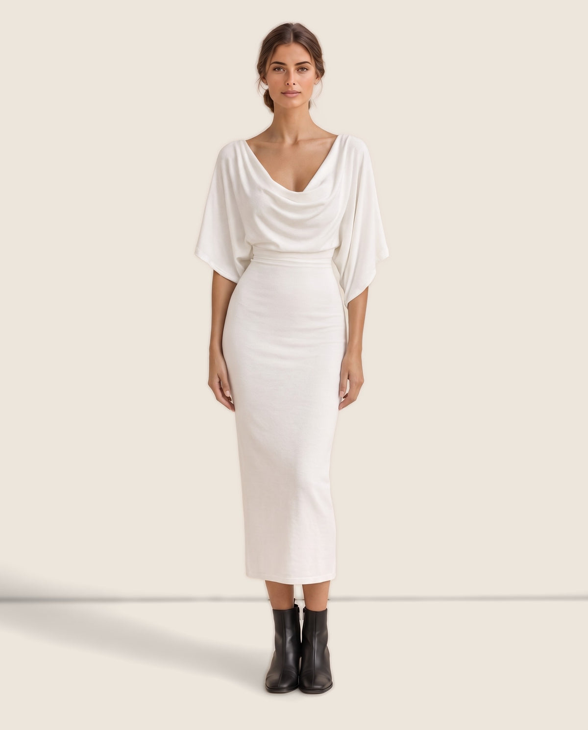 Harrow Sleek Batwing Sleeve Knit Midi Dress — studio front