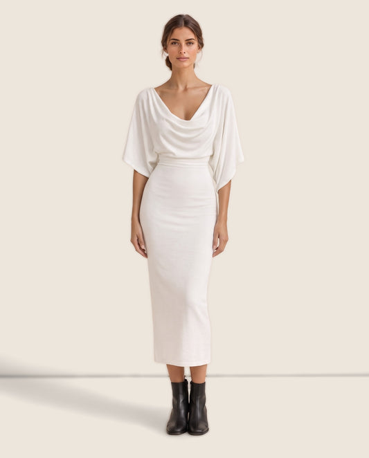 Harrow Sleek Batwing Sleeve Knit Midi Dress — studio front