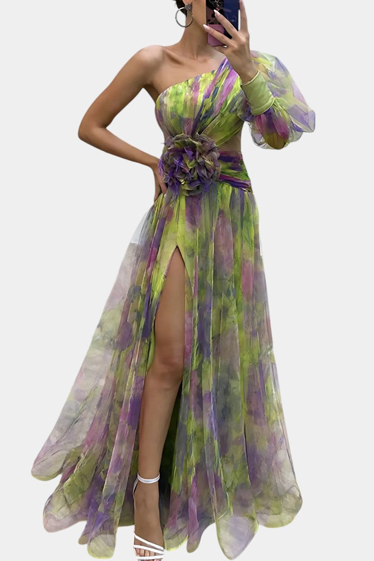 Women's One-Shoulder Maxi Gown with Draped Slit and Floral Applique in Green