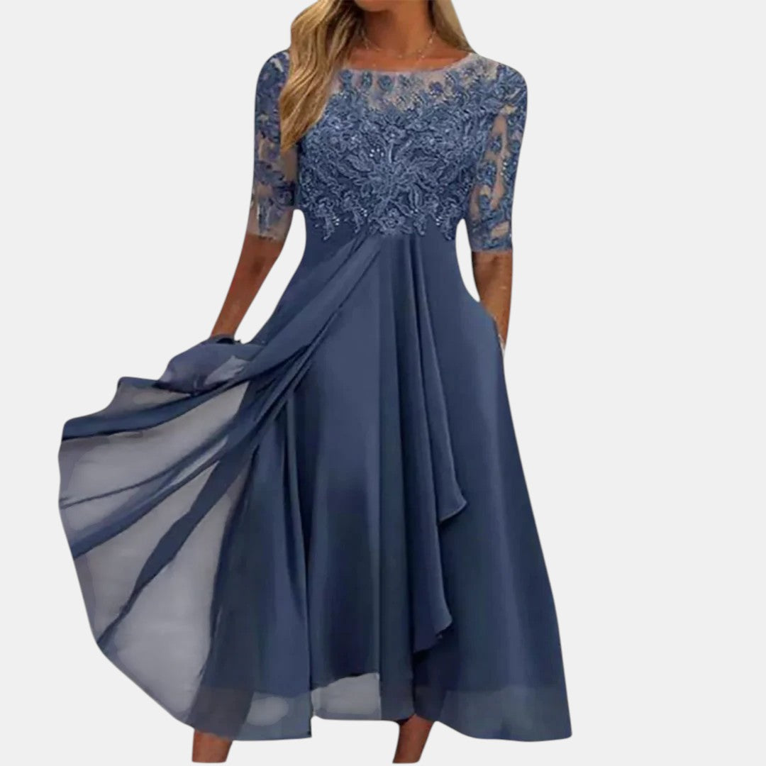Women's Elegant Lace-Detail Dress with Relaxed Fit in Blue