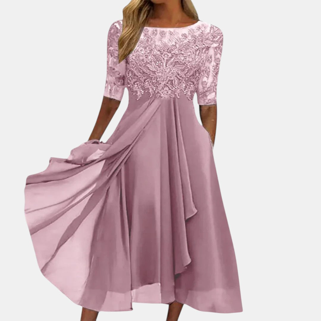Women's Elegant Lace-Detail Dress with Relaxed Fit in Pink