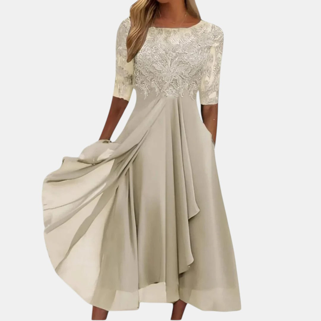 Women's Elegant Lace-Detail Dress with Relaxed Fit in Cream