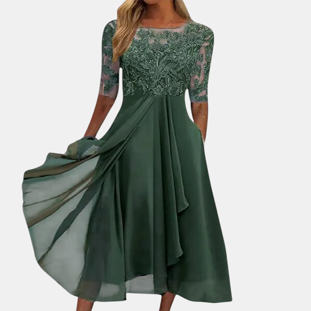 Women's Elegant Lace-Detail Dress with Relaxed Fit in Green