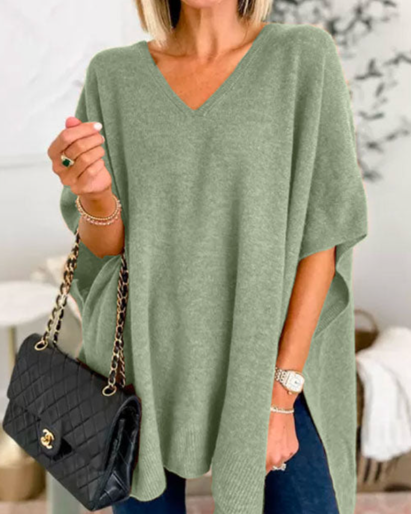 Women's Short Sleeve V-Neck Poncho Sweater in Green