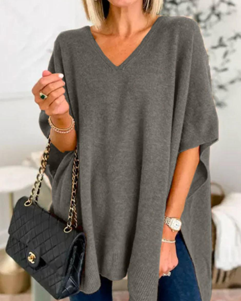 Women's Short Sleeve V-Neck Poncho Sweater in Dark Gray