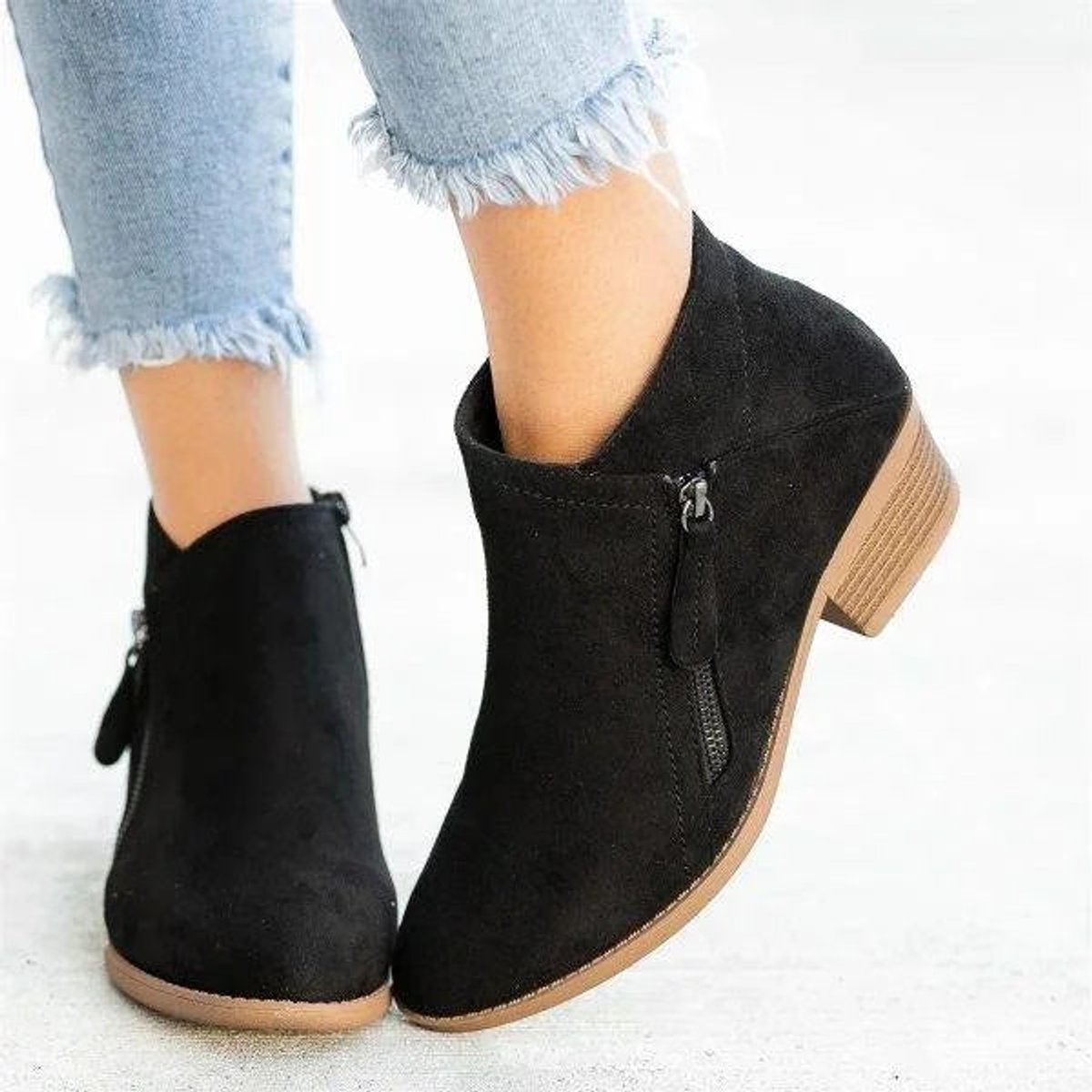 Women's Suede Low Heel Side-Zip Ankle Boots with Round Toe, view 3