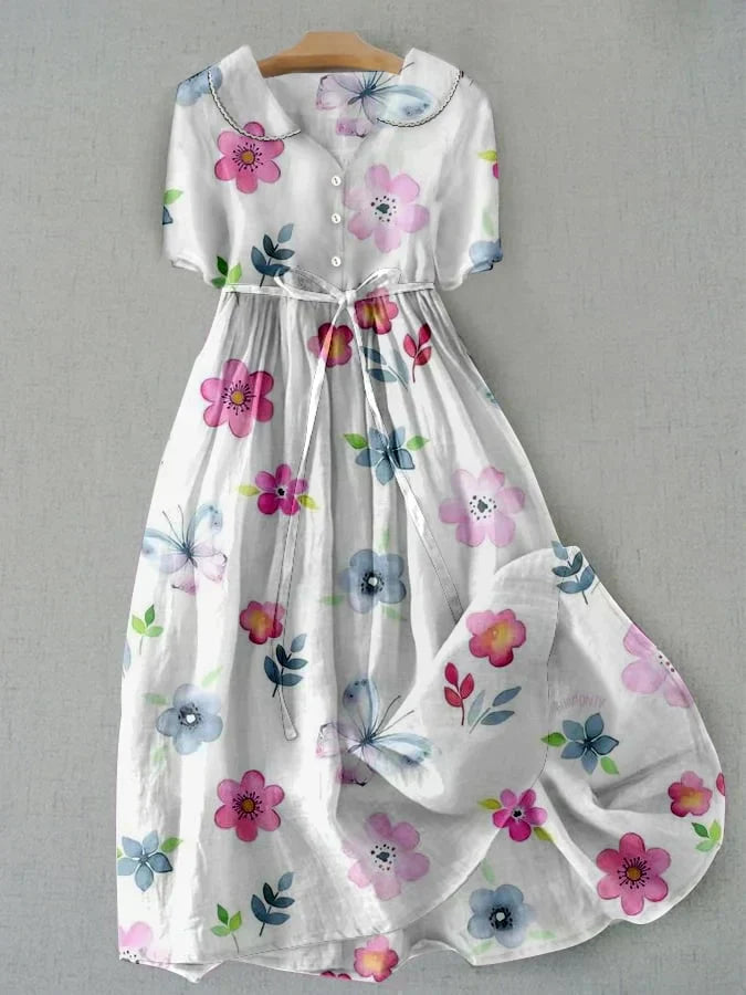 Saskia Floral Cotton Linen Midi Dress with Lace-Up Waist