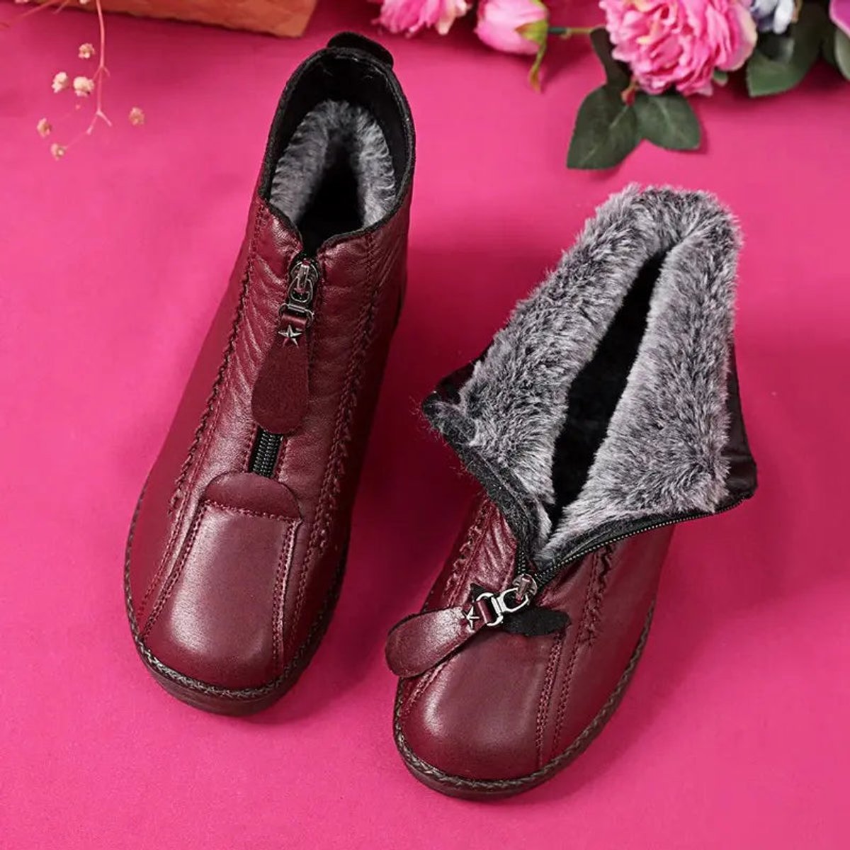 Women's Fleece-Lined Leather Ankle Boots with Slip-Resistant Sole