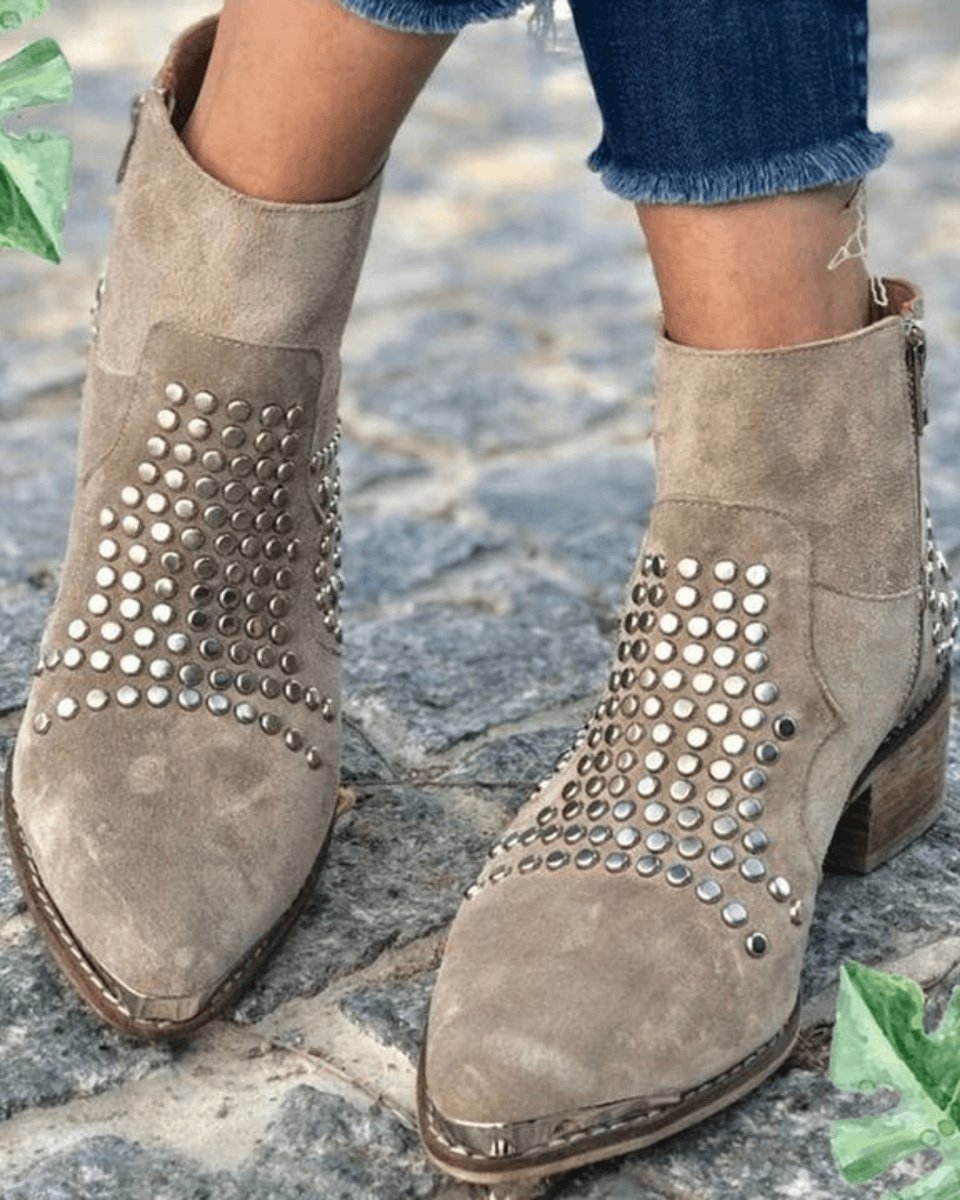 Women's Studded Suede Side-Zip Ankle Boots with Block Heel